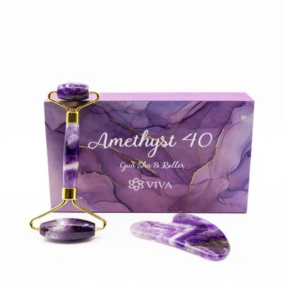 Amethyst40 Gua Sha and Roller, Amethyst Purple and Gold, 6 3/8 x 8 3/4