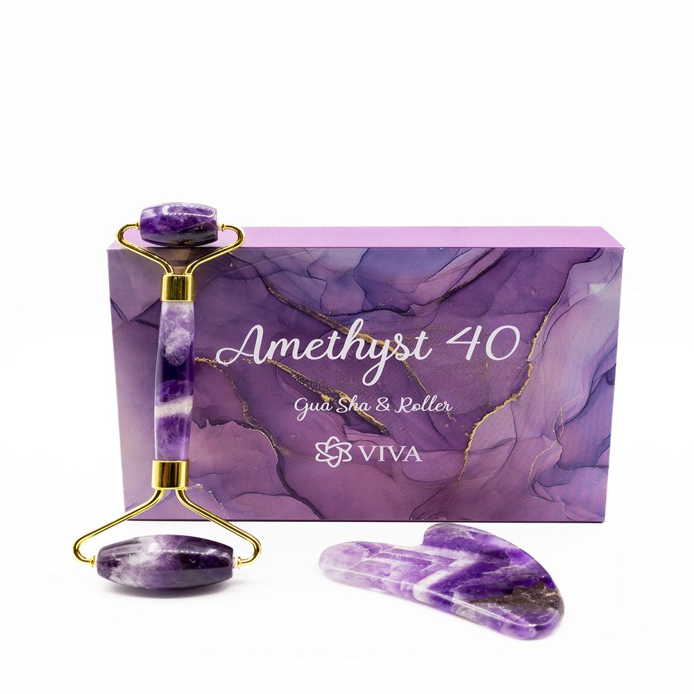 Amethyst40 Gua Sha and Roller, Amethyst Purple and Gold, 6 3/8 x 8 3/4
