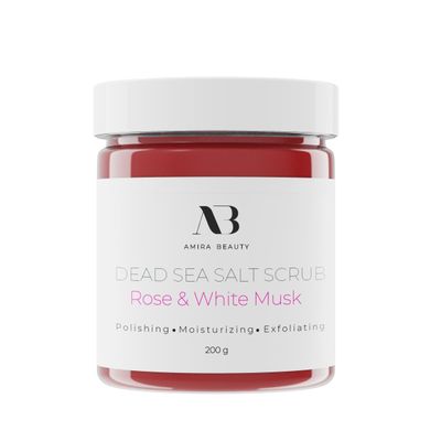 Amira Beauty Dead Sea Salt Body Scrub | Foaming Shower Scrub with Organic Essential Oils | Exfoliates and Moisturizes Skin | 7 OZ (Rose & White Musk)