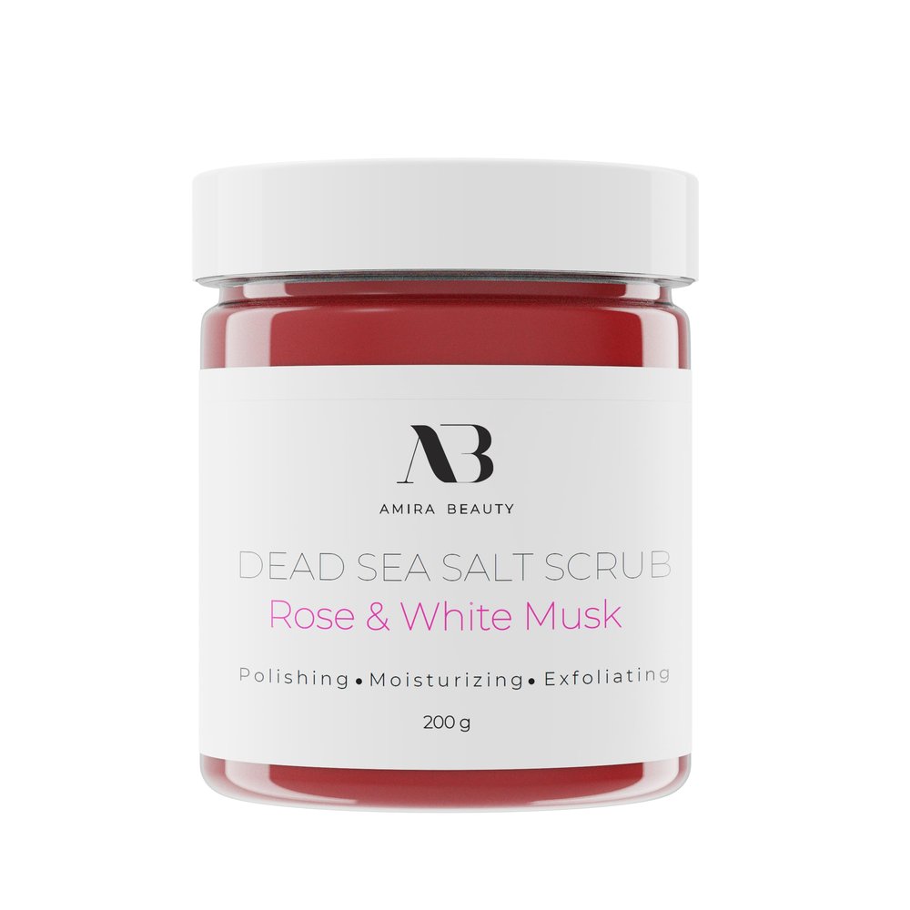 Amira Beauty Dead Sea Salt Body Scrub | Foaming Shower Scrub with Organic Essential Oils | Exfoliates and Moisturizes Skin | 7 OZ (Rose & White Musk)