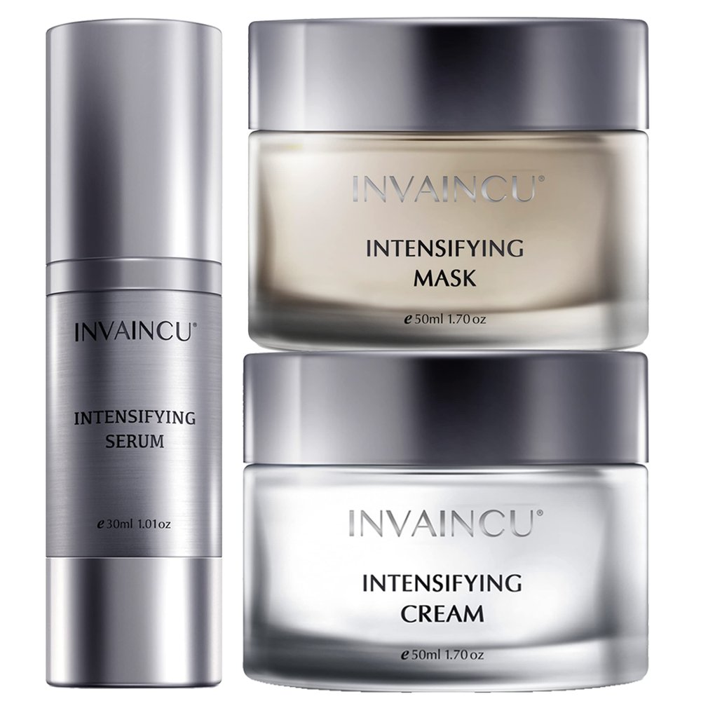 Aging Skin Care Sets for Women - Age-Defying Face Mask, Serum, Cream for Wrinkles and Lines - Intensifying Collection with Avocado Oil, Chamomile Extract, Collagen, Elastin, Polyacrylamide - Invaincu