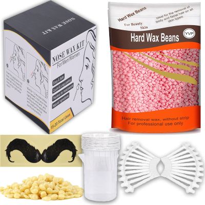 Yovanpur Nose Hair Waxing Kit with 10.5oz Hard Wax Beads for Hair Removal 3.5oz Nose Hair Wax Beads (15-20 USES), 20 Applicator, 15 Mustache Protector, 15 Paper Cups, 1 Measuring Cup