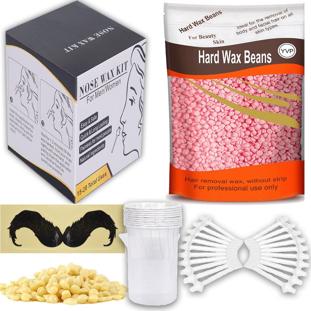 Yovanpur Nose Hair Waxing Kit with 10.5oz Hard Wax Beads for Hair Removal 3.5oz Nose Hair Wax Beads (15-20 USES), 20 Applicator, 15 Mustache Protector, 15 Paper Cups, 1 Measuring Cup