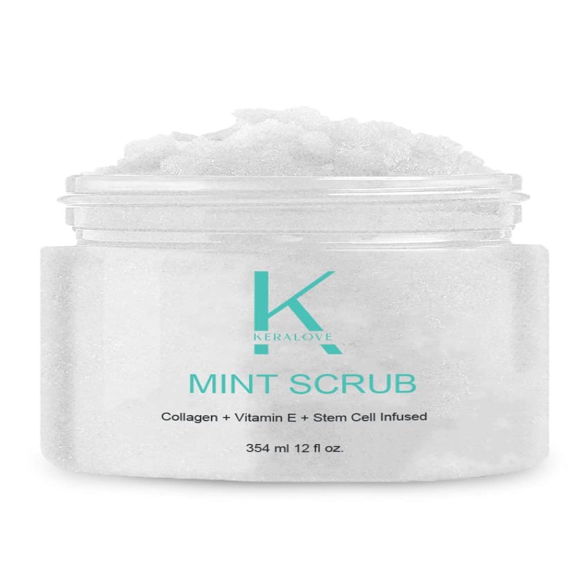 Keralove Scrub with Collagen and Stem Cells 12 oz - Exfoliating Himalayan Salt Scrub for Cellulite - Deep Cleansing for Acne, Scars, Wrinkles - Moisturizes Skin (12, Mint)