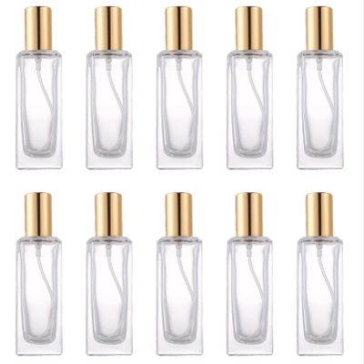 10ML Perfume Bottles Mini Refillable Glass Bottle Portable Travel Bottle with Sprayer Empty Container for Travel, Cleaning, Perfume, Essential Oils, Square, Gold Caps, No Leak, Clear, Pack of 10