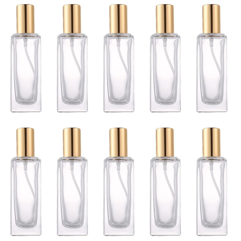 10ML Perfume Bottles Mini Refillable Glass Bottle Portable Travel Bottle with Sprayer Empty Container for Travel, Cleaning, Perfume, Essential Oils, Square, Gold Caps, No Leak, Clear, Pack of 10