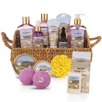 Aqua Elegante Bath Spa Gift Set - 15 Piece Premium Basket with Wash, Bubble Bath, Lotion, Salts, Body Scrub, Towel, Shower Puff, Bathbombs, Reusable Basket, Gifts for Women - Lavender & Chamomile