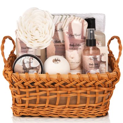Aqua Elegante Spa Basket For Women - Deluxe Bath Set with Wash, Bubble Bath, Lotion, Salts, Body Scrub, Towel, Shower Puff, Bathbombs, Reusable Basket, Gifts for Mom, Wife, Her - Coconut & Vanilla