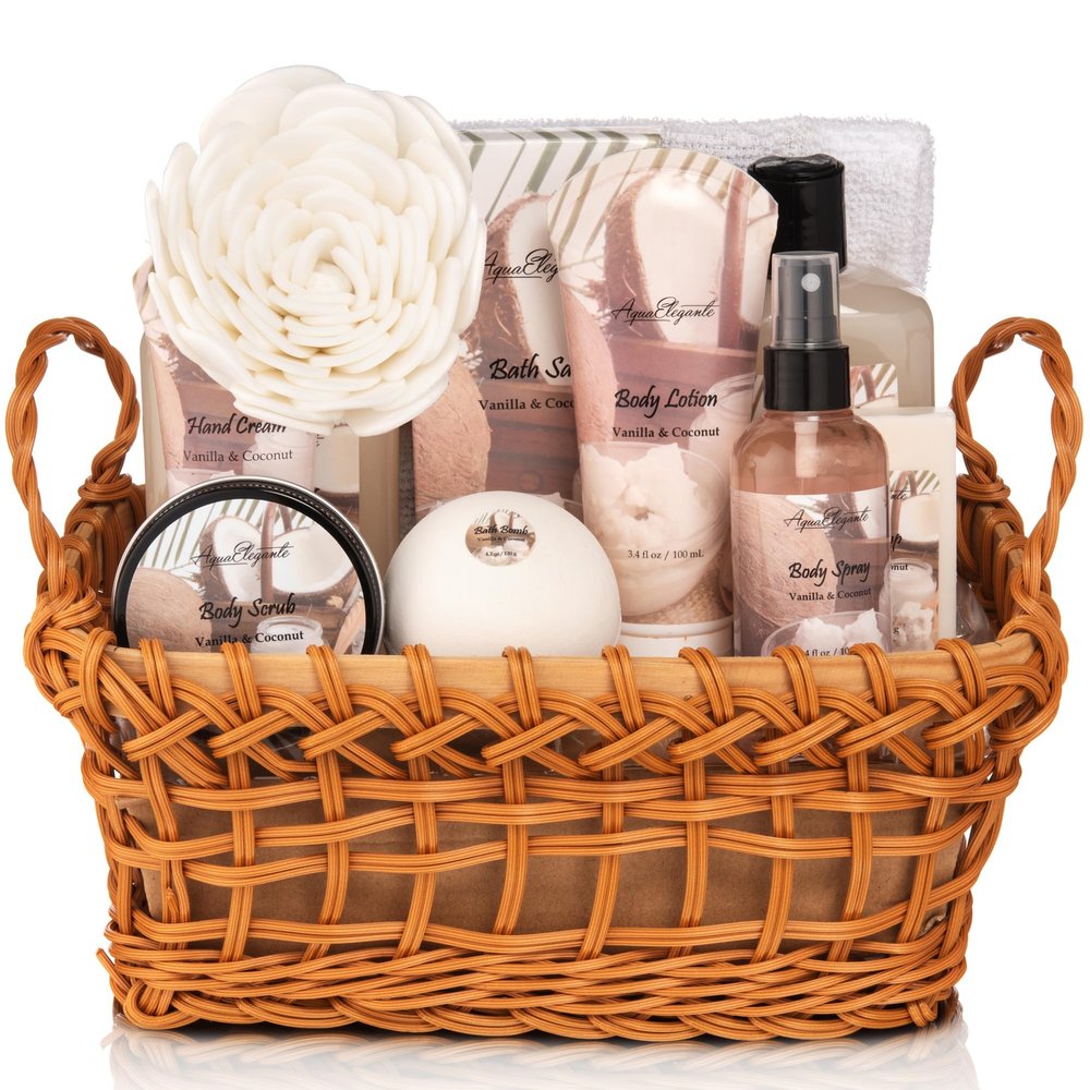 Aqua Elegante Spa Basket For Women - Deluxe Bath Set with Wash, Bubble Bath, Lotion, Salts, Body Scrub, Towel, Shower Puff, Bathbombs, Reusable Basket, Gifts for Mom, Wife, Her - Coconut & Vanilla