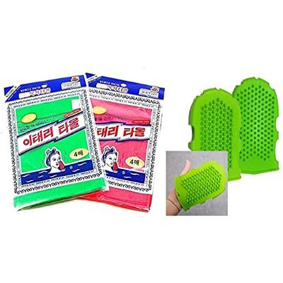 Asian Exfoliating Bath Washcloth - Red & Green 8ea + Silicone Massage Glove 1ea Set