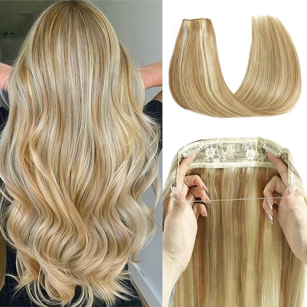 12 Inch Hair Extensions Real Human Hair Light Blonde to 613 Blonde Straight Hair Extensions Human Hair Extensions Hidden Transparent Fish Line Invisible Hairpiece
