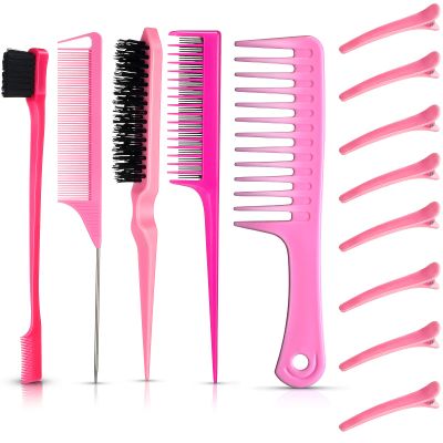 Nuenen 15 Piece Nylon Comb Set for Grooming Salon with Boar Bristle Brush Fluffy Brush Rat Tail Comb Triple Teasing Scrub Dual Edge Scrub and 10 Duckbill Clips for Women(Pink and Black)