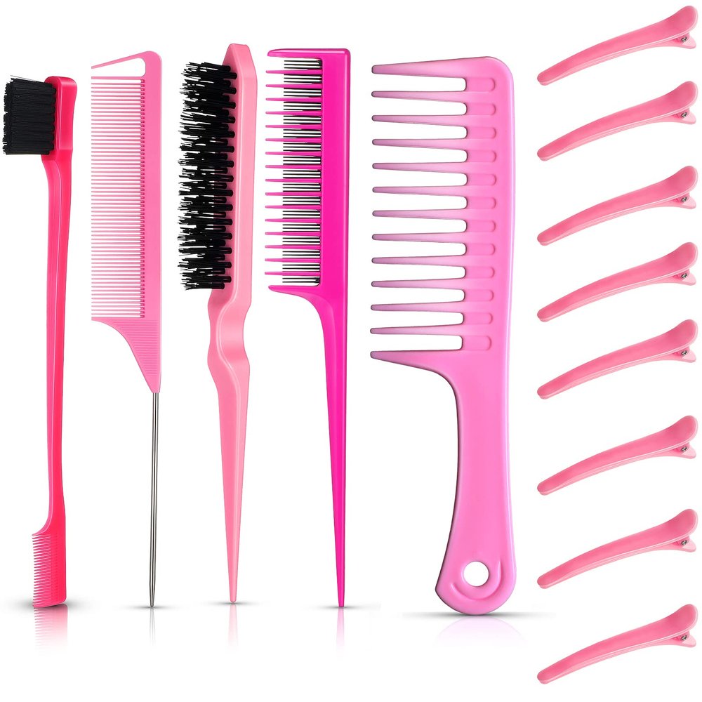 Nuenen 15 Piece Nylon Comb Set for Grooming Salon with Boar Bristle Brush Fluffy Brush Rat Tail Comb Triple Teasing Scrub Dual Edge Scrub and 10 Duckbill Clips for Women(Pink and Black)