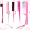 Nuenen 15 Piece Nylon Comb Set for Grooming Salon with Boar Bristle Brush Fluffy Brush Rat Tail Comb Triple Teasing Scrub Dual Edge Scrub and 10 Duckbill Clips for Women(Pink and Black) view 2