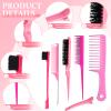 Nuenen 15 Piece Nylon Comb Set for Grooming Salon with Boar Bristle Brush Fluffy Brush Rat Tail Comb Triple Teasing Scrub Dual Edge Scrub and 10 Duckbill Clips for Women(Pink and Black) view 3