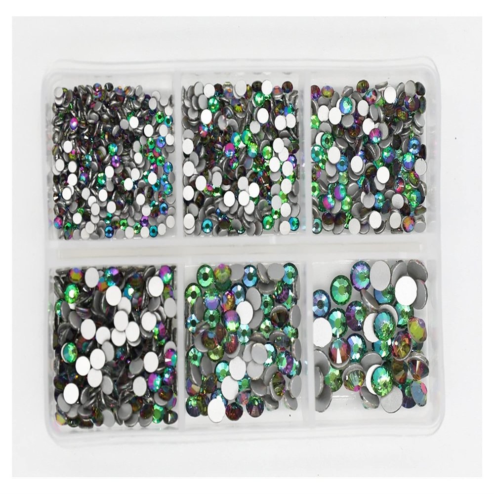 1200pcs Mix Sizes Glass Crystal Non Hot Fix Rhinestone Set Flatback 3D Crystal Nail Art Rhinestones Decorations for Garment/Nail (Color : Green Volcano)