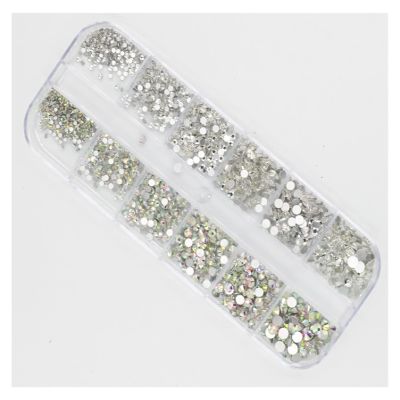 12 Grid 1440pcs Mix Sizes Glass Crystal Non Hot Fix Rhinestone Flatback 3D Glitter Nail Art/Garment Rhinestones Decorations (Color : Clear - AB)