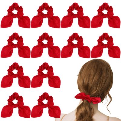 ACO-UINT 12 Pack Satin Scrunchies with Tails - Bow Hair Accessories for Thick Hair, Red Bunny Ear Hair Ties for Girls