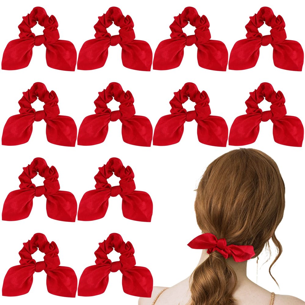ACO-UINT 12 Pack Satin Scrunchies with Tails - Bow Hair Accessories for Thick Hair, Red Bunny Ear Hair Ties for Girls