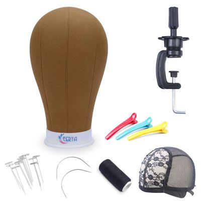 EERYA Wig Head Canvas Block Head 23 Inch Wig Head Stand for Making Wig Display Styling Brown Poly Canvas Block Wig Head with Stand Mannequin Head with Mount Hole Manikin Head (23 Inch,Brown)