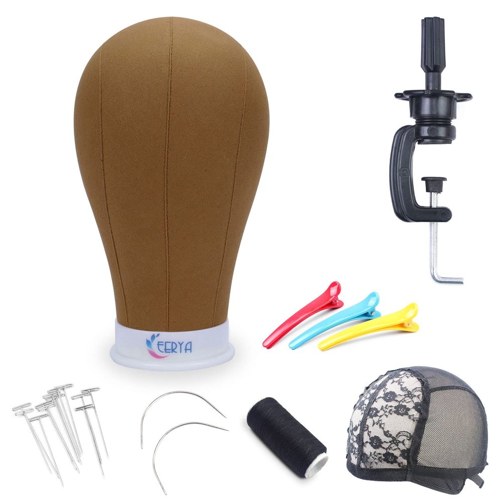EERYA Wig Head Canvas Block Head 24 Inch Wig Head Stand for Making Wig Display Styling Brown Poly Canvas Block Wig Head with Stand Mannequin Head with Mount Hole Manikin Head Wig Stand(24 Inch,Brown)
