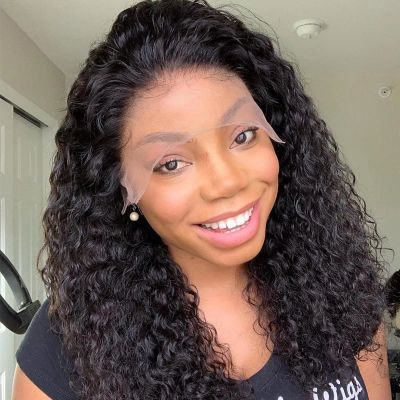 Natural Black Curly Short Bob Brazilian Virgin Hair 13x6 HD Transparent Lace Front Wig Deep Wave Human Hair Wig Baby Hair 150% Density Glueless Pre-Plucked Natural Hairline For Black Women 14 Inch