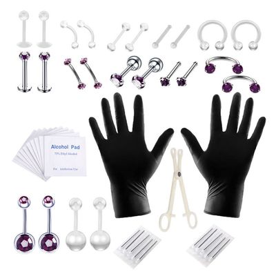 Body Piercing Kit Stainless Steel Tongue Rings Belly Button Piercing Jewelry Purple 47PCS