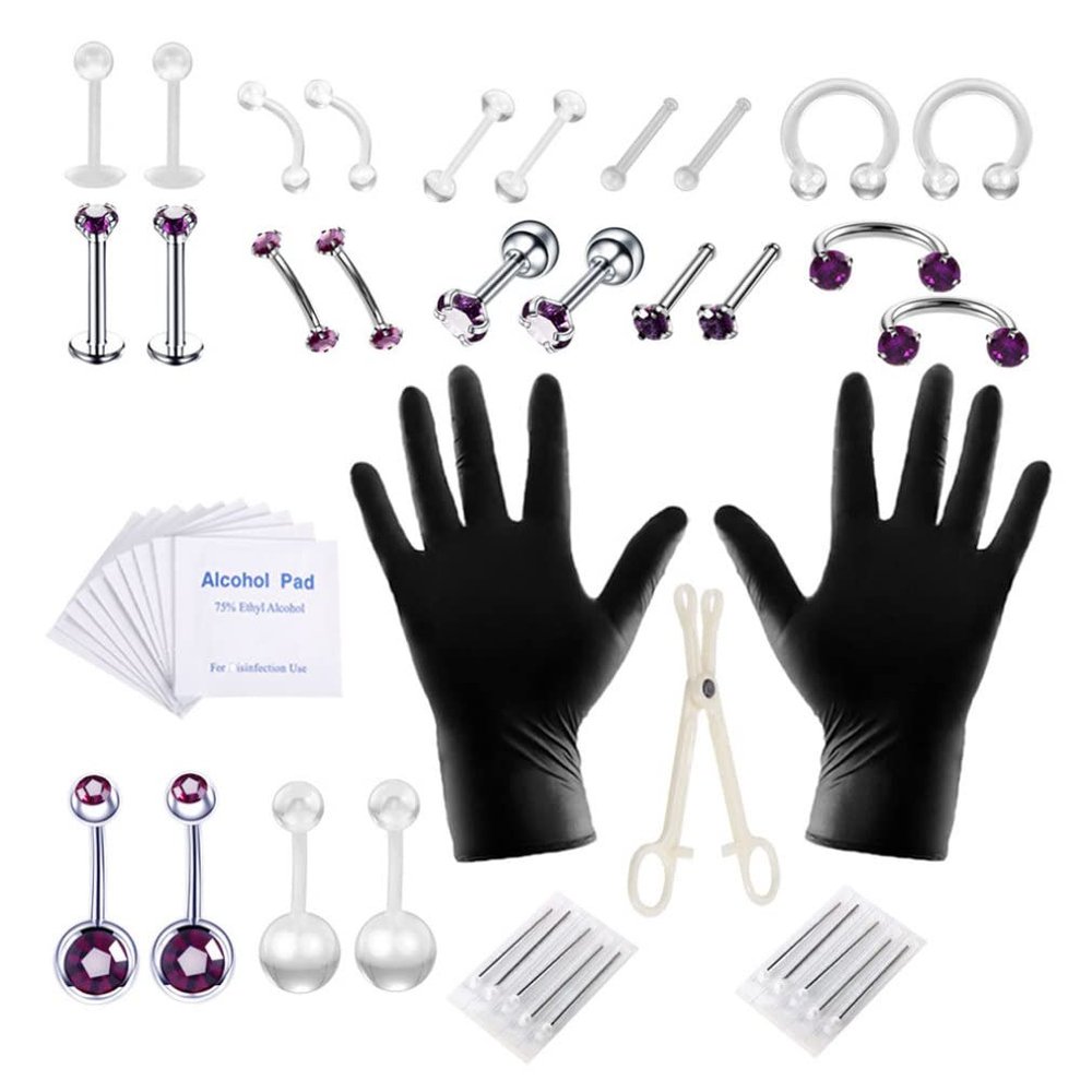 Body Piercing Kit Stainless Steel Tongue Rings Belly Button Piercing Jewelry Purple 47PCS