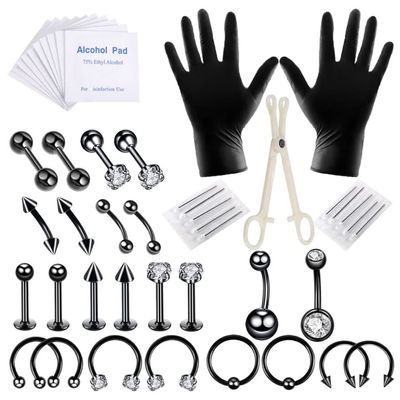 Body Piercing Kit Tongue Eyebrow Nose Jewelry Piercing Rings with Glove Black 47PCS