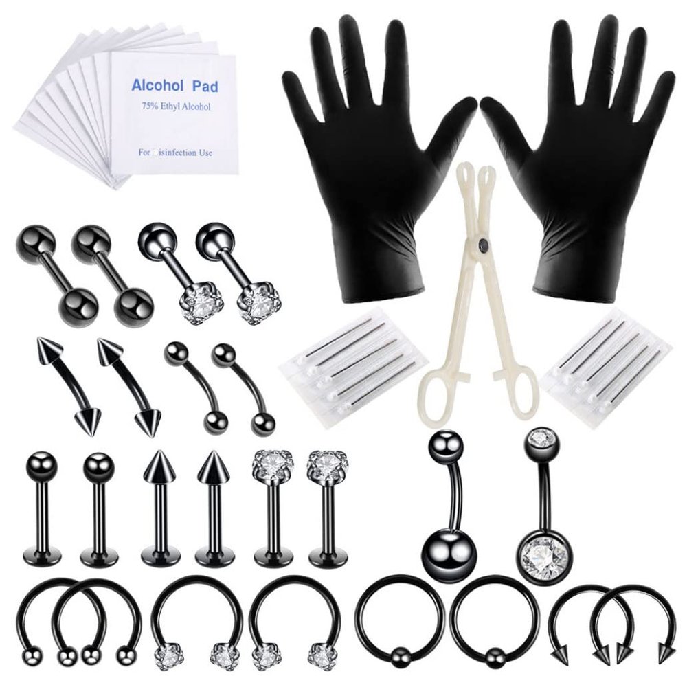 Body Piercing Kit Tongue Eyebrow Nose Jewelry Piercing Rings with Glove Black 47PCS