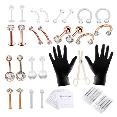 Body Piercing Kit Stainless Steel Tongue Rings Belly Button Piercing Jewelry Rose Gold 47PCS