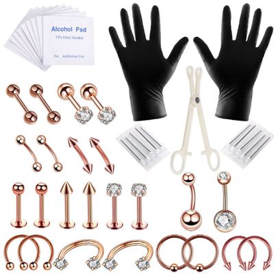 Body Piercing Kit Tongue Eyebrow Nose Jewelry Piercing Rings with Glove Rose Gold 47PCS
