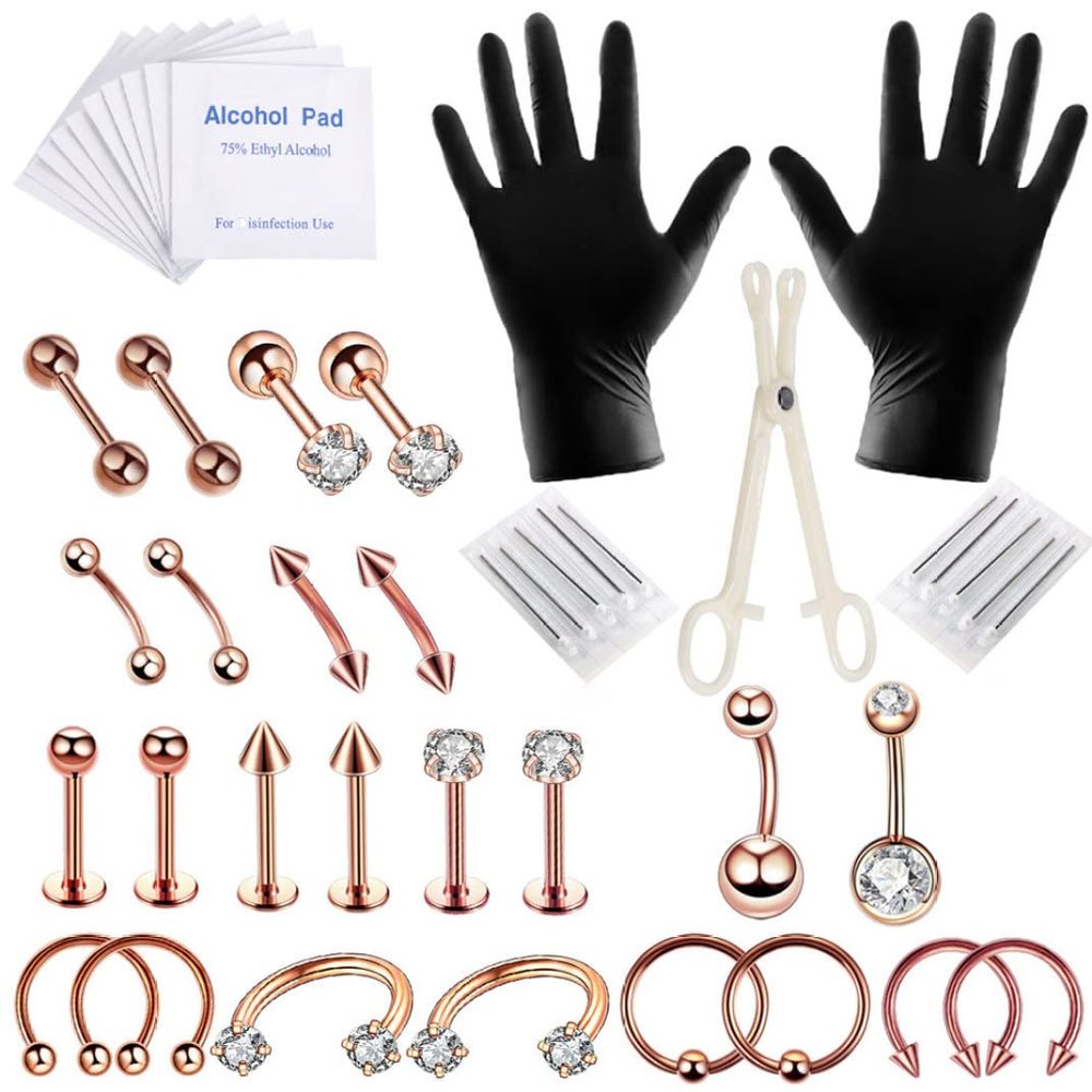 Body Piercing Kit Tongue Eyebrow Nose Jewelry Piercing Rings with Glove Rose Gold 47PCS