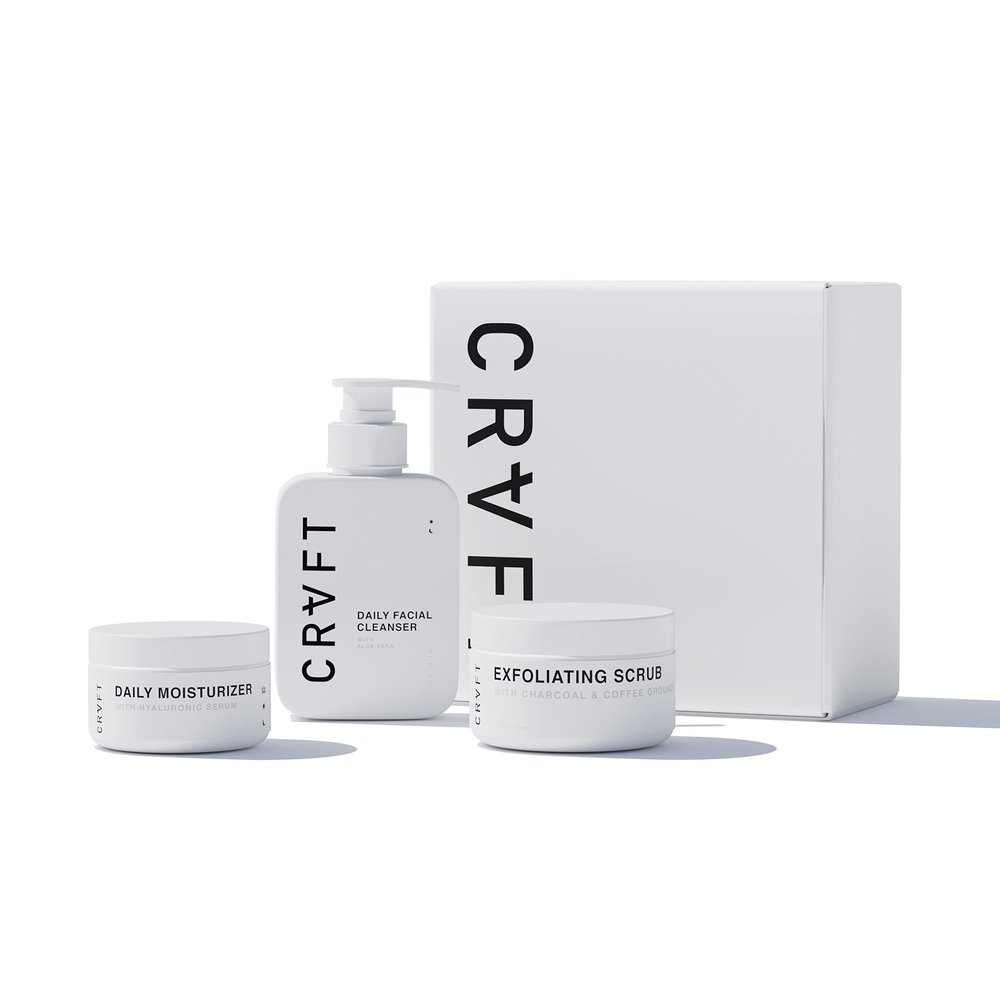 CRVFT Mens Facial Care Kit | Aloe Vera Face Wash 3oz | Hyaluronic Moisturizer 1oz | Charcoal Exfoliating Scrub 1.7oz | 3 Piece Complete Daily Skin Care System | Look + Feel Your Best [Scented]