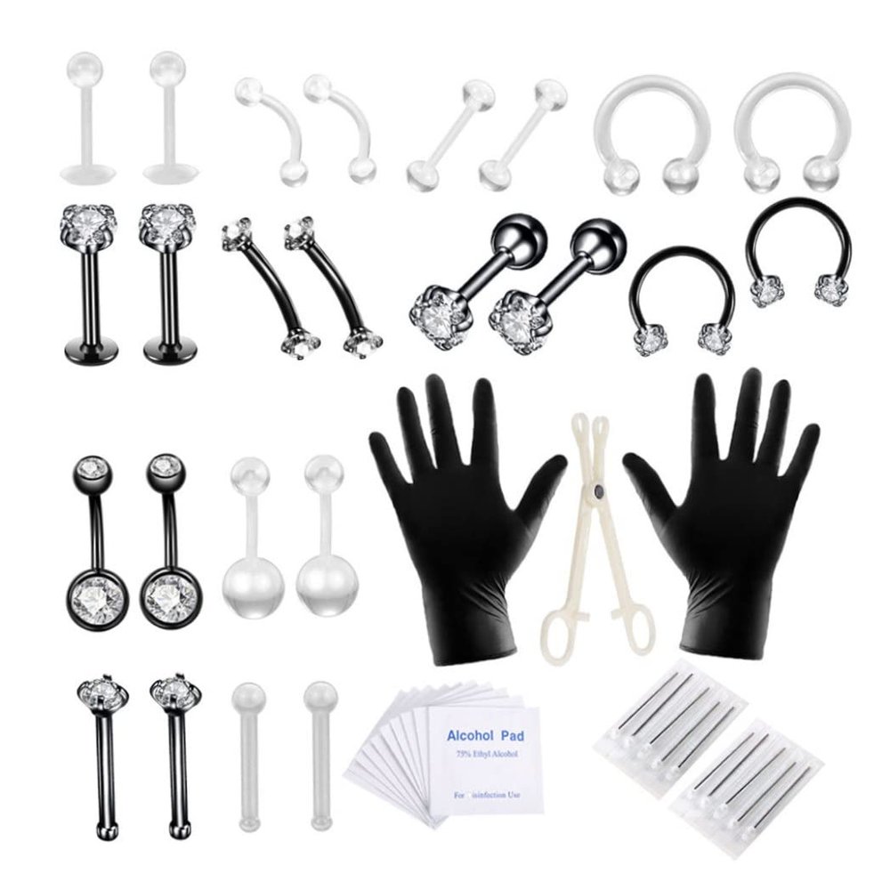 Body Piercing Kit Stainless Steel Tongue Rings Belly Button Piercing Jewelry Black 47PCS