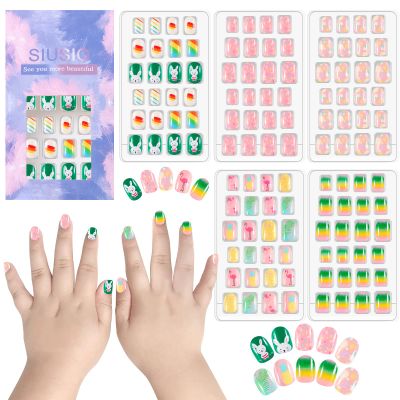 SIUSIO 120 Pcs 5 Pack Children Acrylic Fake Nails Press on Cute Pre-glue Full Cover Glitter Gradient Color Rainbow Short Kids Stick On False Nail Art Kits Set for Kids Little Girls -Colorful Summer