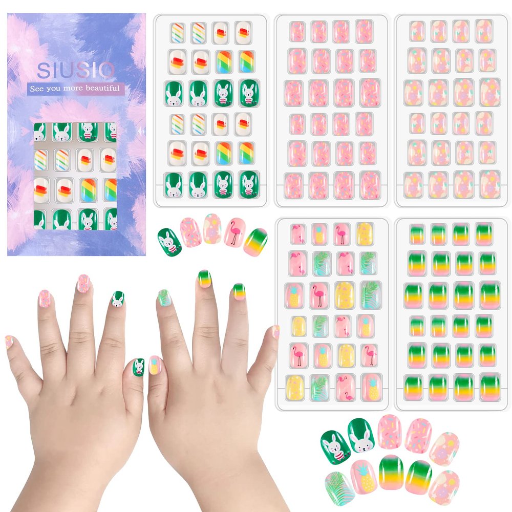 SIUSIO 120 Pcs 5 Pack Children Acrylic Fake Nails Press on Cute Pre-glue Full Cover Glitter Gradient Color Rainbow Short Kids Stick On False Nail Art Kits Set for Kids Little Girls -Colorful Summer