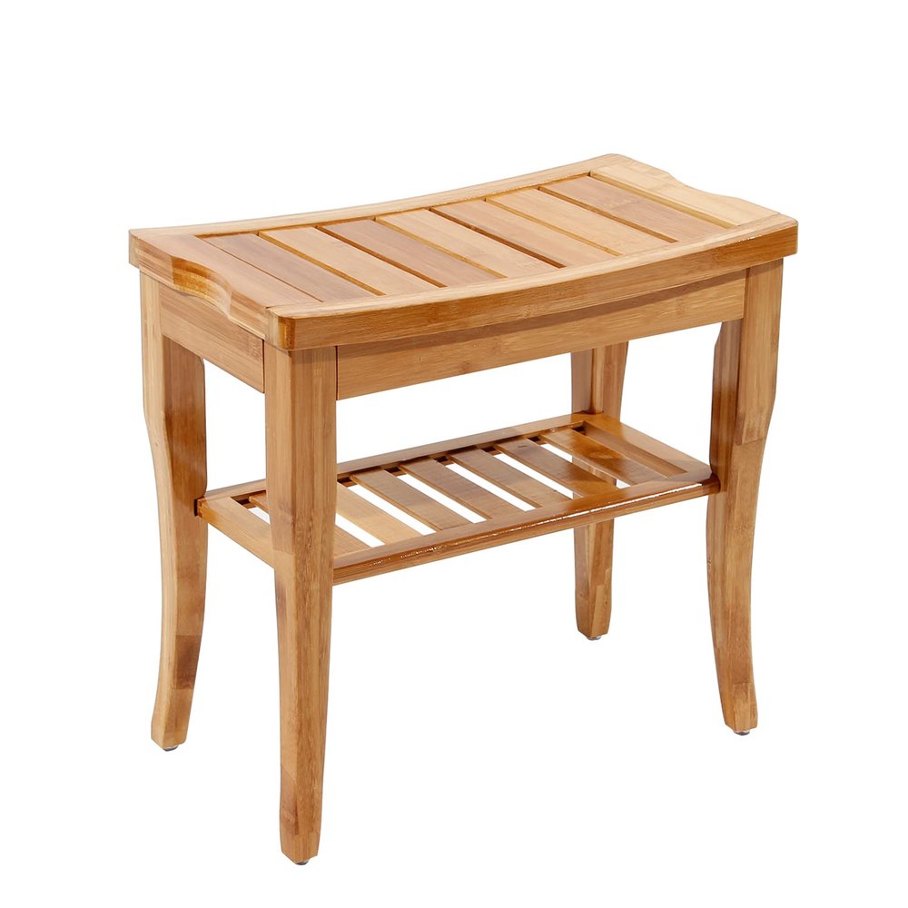 SogesHome Bamboo Shower Bench with Shelf Shower Stool Bathroom Stool with Storage Bamboo Seat with Foot, Water Proof, Natrual