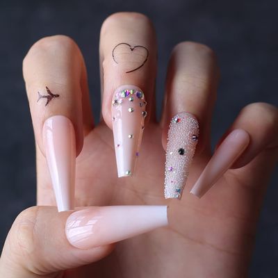 MqpQ Extra Long Coffin Artificial Fake Nails Baby Boomber Ombre Nude Press On Nails Holo Rhinestone False Nails Glossy Gel Full Cover