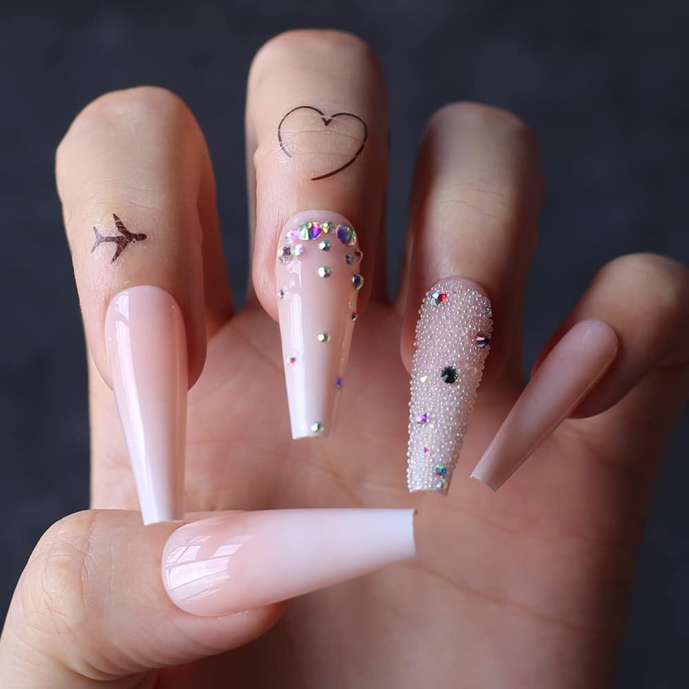 MqpQ Extra Long Coffin Artificial Fake Nails Baby Boomber Ombre Nude Press On Nails Holo Rhinestone False Nails Glossy Gel Full Cover