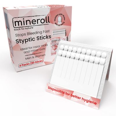 Mineroll Styptic Stick Shave Accessories (4-Packs, 80-Sticks) Stops Bleeding for Razor Nicks and Minor Cuts for Men & Women, Sanitary and Great for Barbers & Personal, Shaving Kit Essential (1)