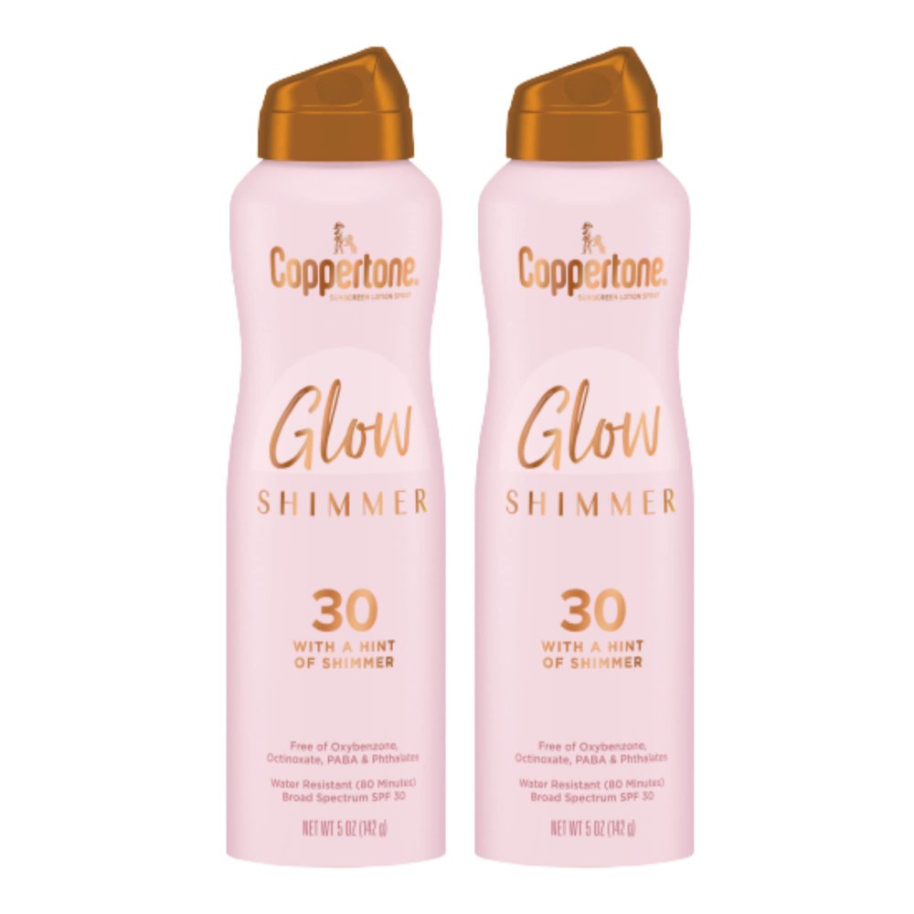 Coppertone Glow Shimmer Sunscreen Spray SPF 30, Water Resistant Broad Spectrum SPF 30 Spray Sunscreen, Free From Parabens, PABA, Phthalates, Octinoxate and Oxybenzone, 5 Oz Bottle, Pack of 2