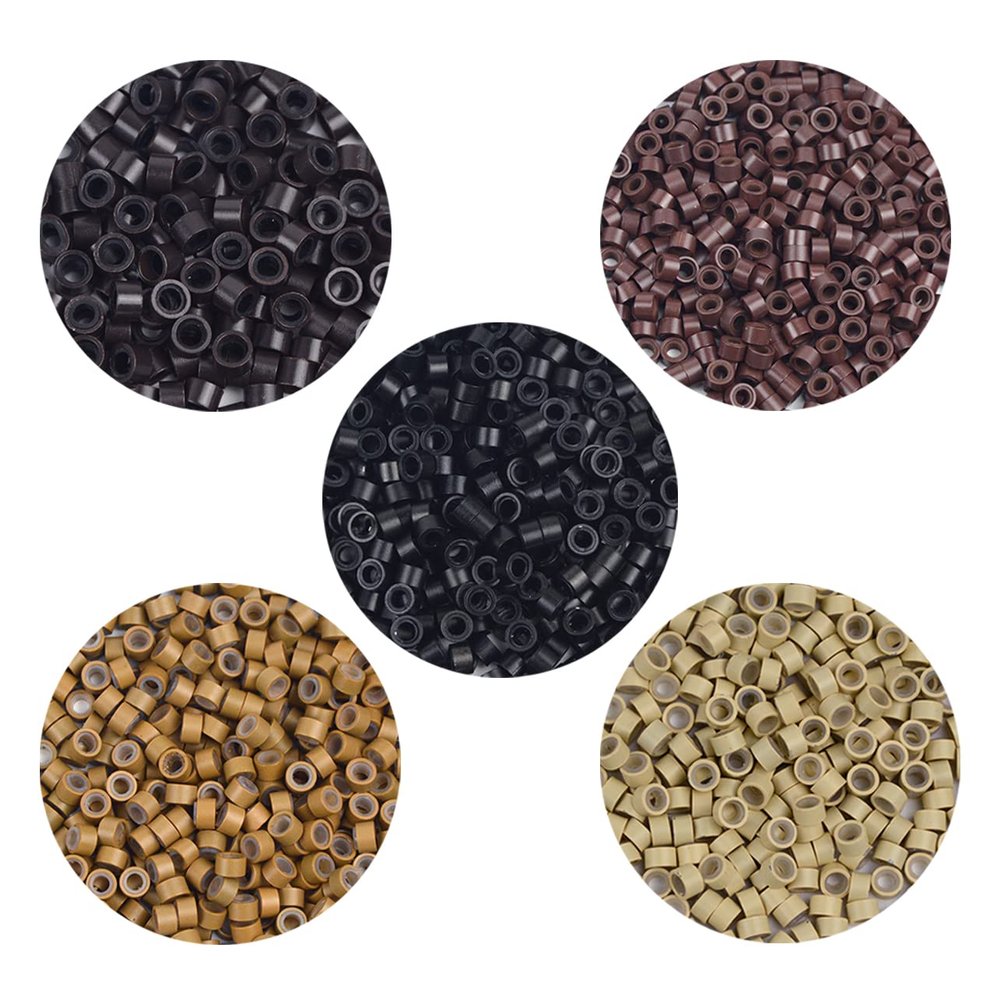 1000 Pcs Silicone Lined Micro Rings Beads 5mm Hair Extentions Beads for I Tip Hair Extensions (Black+Dark Brown+Brown+Dark Blonde+Blonde)