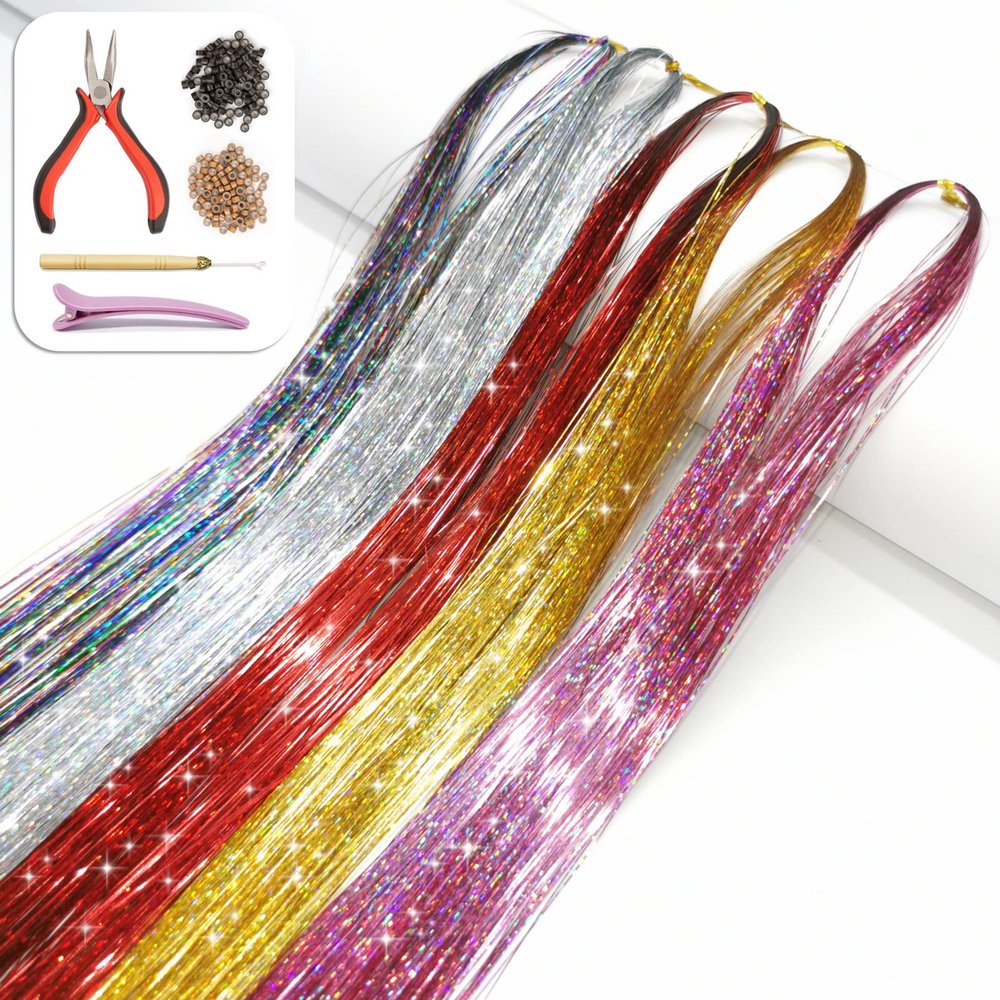 Hair Tinsel Kit with Tools and Instruction Easy to Use 5 Colors 1000 Strands 47 Inches Glitter Tinsel Hair Extensions for Women and Girls, Sparkling Shinny Fairy Hair Accessories for Christmas New Year Halloween Cosplay Party