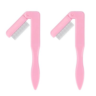 G2PLUS 2PCS Folding Eyelash Comb, Eyelash Separator Tool, Pink Eyebrow Comb Metal Teeth, Eyelash Brush Tool for Lash & Brow