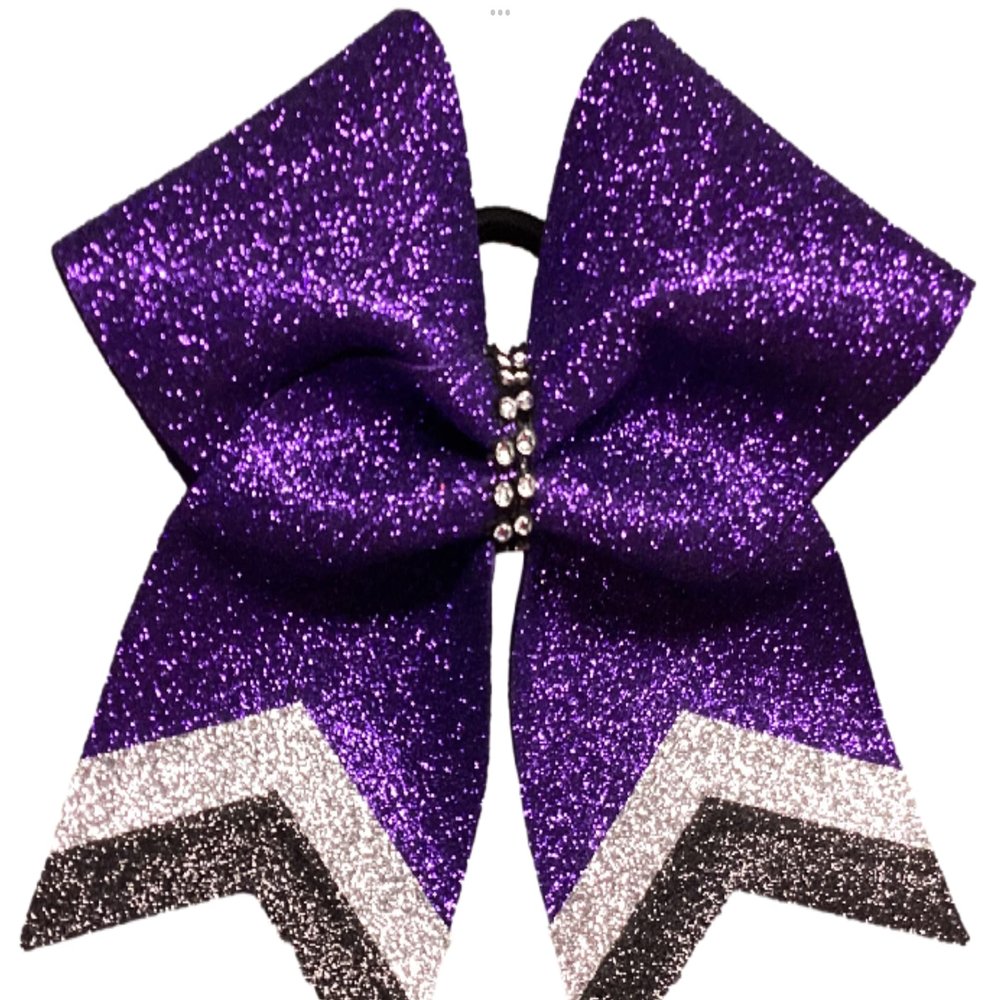 Purple Black Silver Glitter Cheer Bow with Pony Attachment