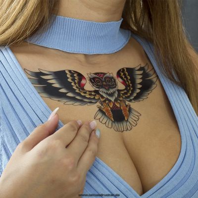 2 x XL Owl Tattoo - Colorful Oldschool Style Bird - Temporary Skin Tattoo - HB220 (2)