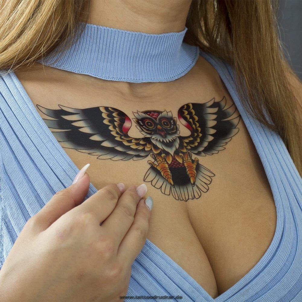 2 x XL Owl Tattoo - Colorful Oldschool Style Bird - Temporary Skin Tattoo - HB220 (2)