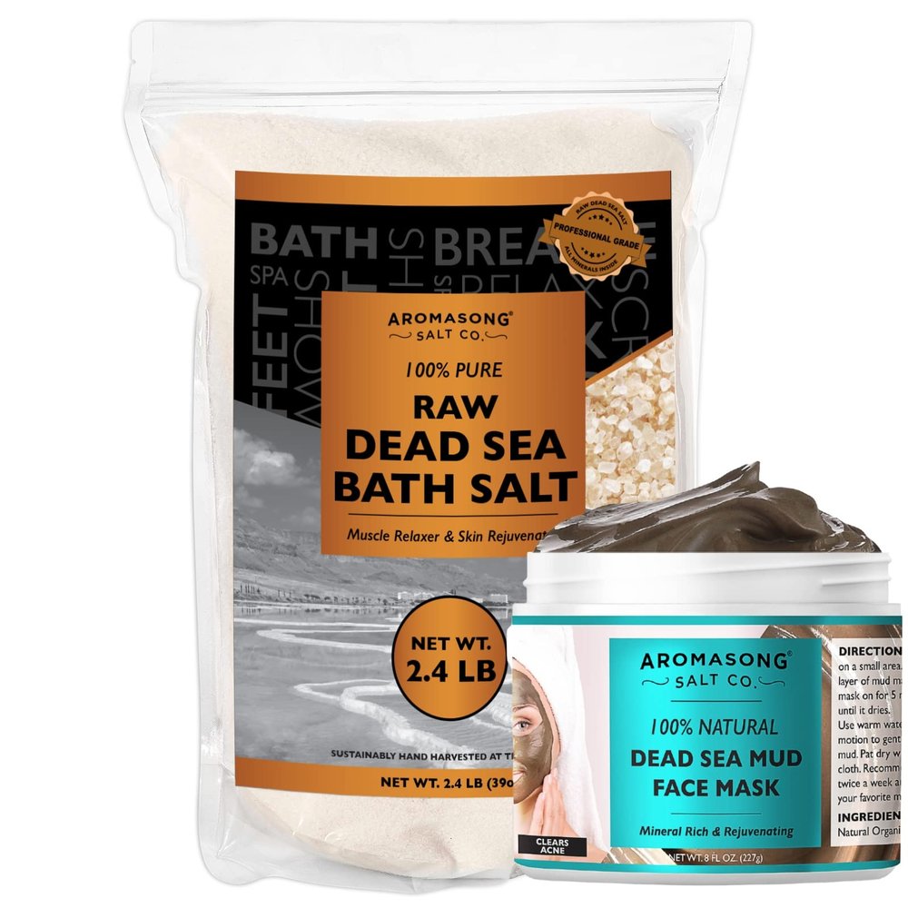 Aromasong 2.43 lbs Raw Dead Sea Bath Salt in Resealable Pack with 100% Pure Dead Sea Mud Facial Mask - 5 Minute Mask - No Ingredients Added