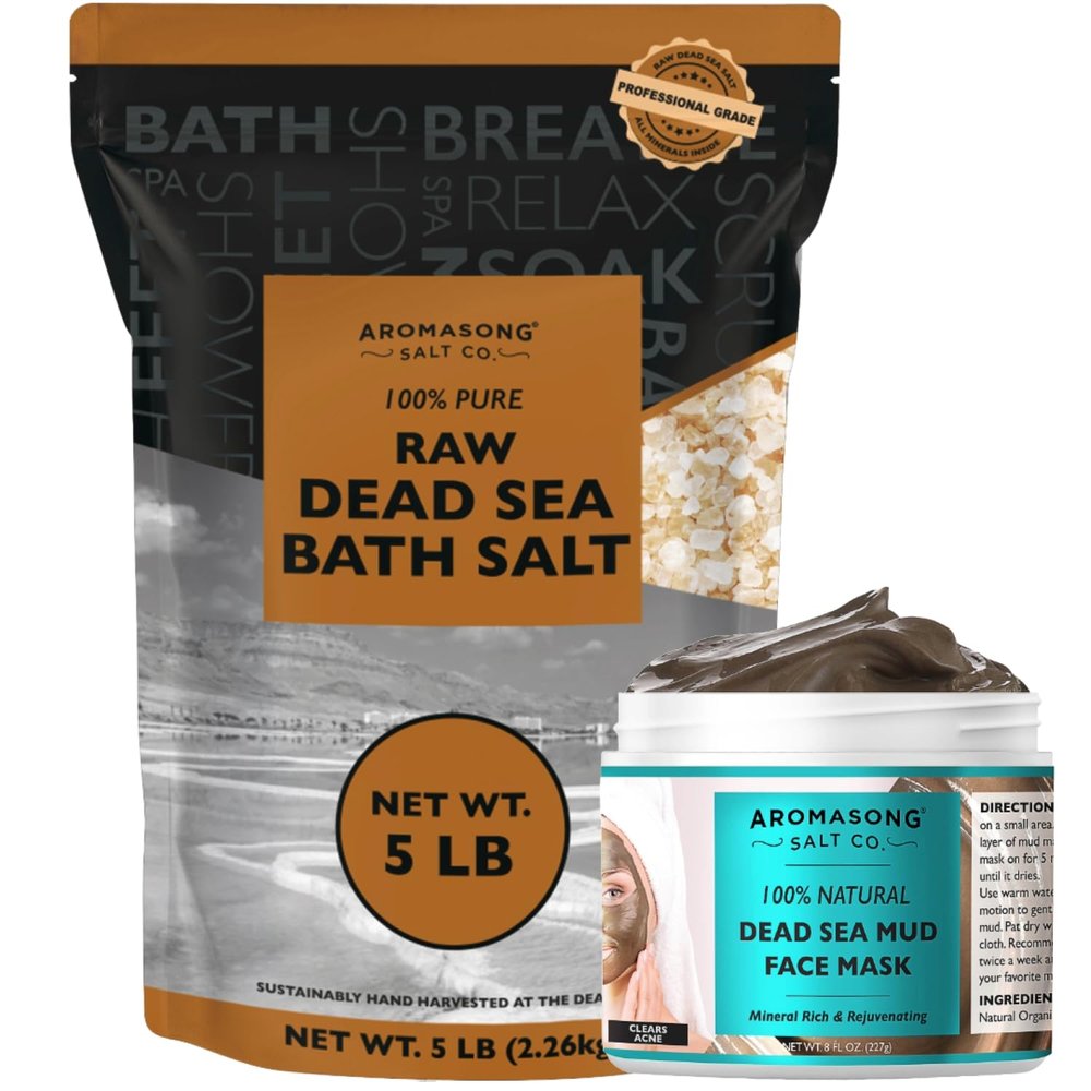 Aromasong Dead Sea Spa Bundle: 5 lbs Raw Dead Sea Salt + 100% Pure Dead Sea Mud Mask for Detox and Relaxation